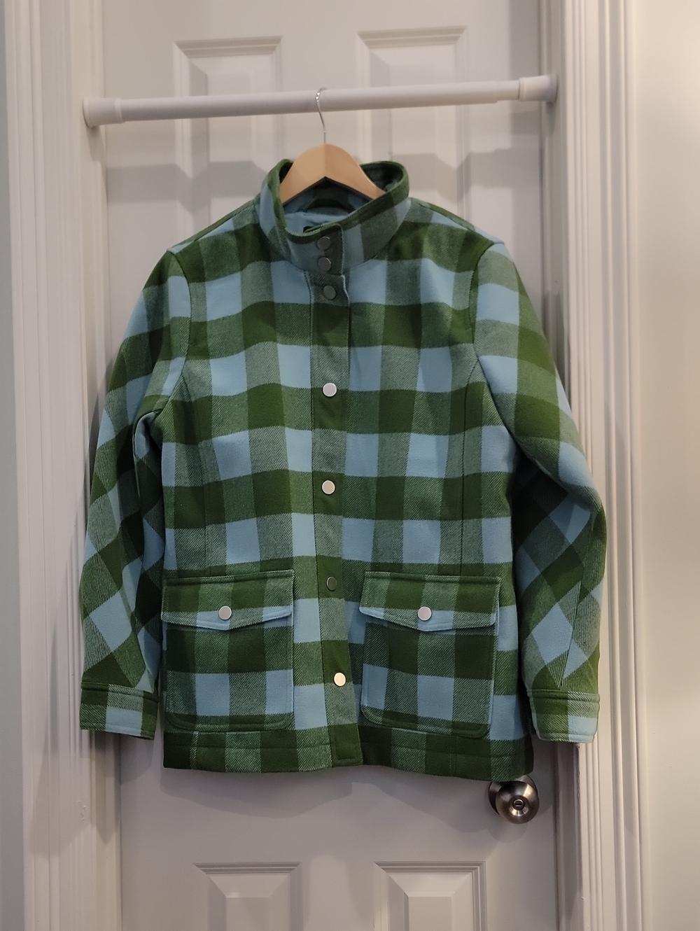 Talbots Green & Light Blue Plaid Pea Coat Heavy Weight